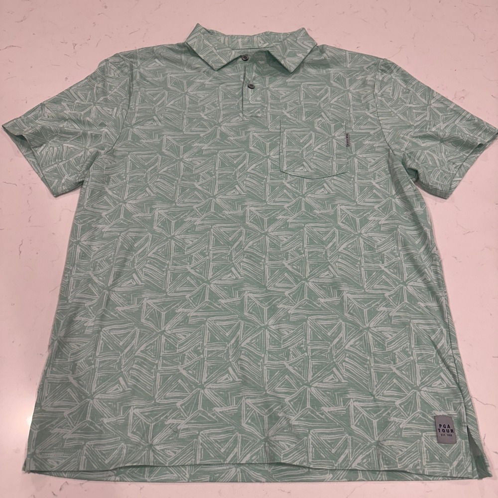 PGA Tour Mens Large Green Geometric Print Short Sleeve Golf Polo Shirt Pocket